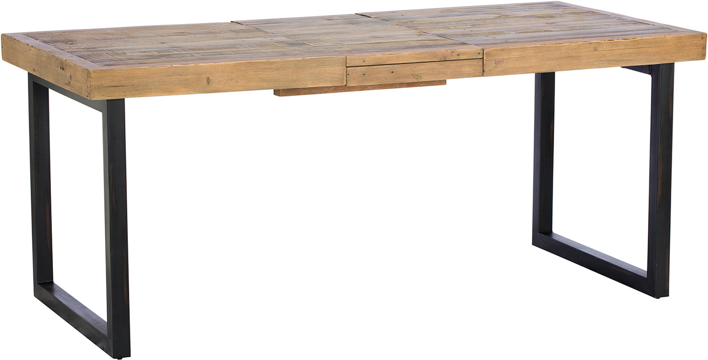 Baker Nixon 140cm-180cm Fully Extending Dining Table features natural reclaimed timber and powder coated anthracite aluminium legs with an extension leaf that tucks away neatly when not in use, can seat 4-8 people