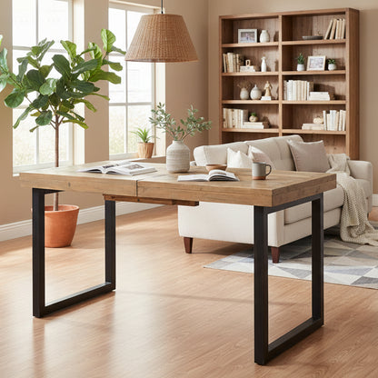 Baker Nixon 140cm-180cm Fully Extending Dining Table is constructed using natural reclaimed timbers with black metal u shaped legs and a butterfly extending mechanism