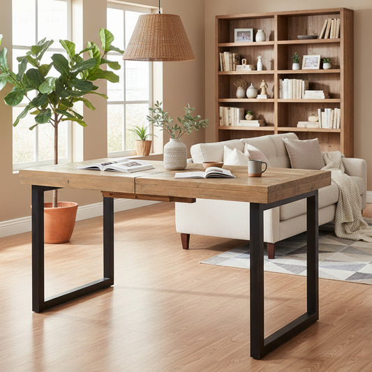 Baker Nixon 140cm-180cm Fully Extending Dining Table is constructed using natural reclaimed timbers with black metal u shaped legs and a butterfly extending mechanism