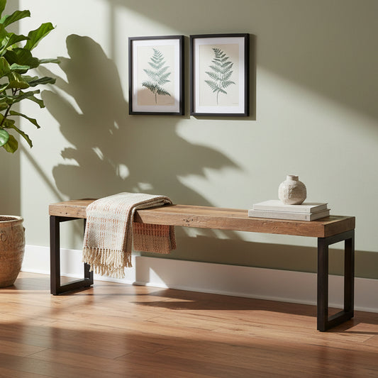 Baker Nixon 155cm Dining Bench can seat 3 people and is constructed from natural reclaimed woods with powder coated anthracite legs 