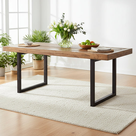 Baker Nixon 180cm Dining Table constructed from reclaimed timbers with a plank table top and black metal U shaped legs 