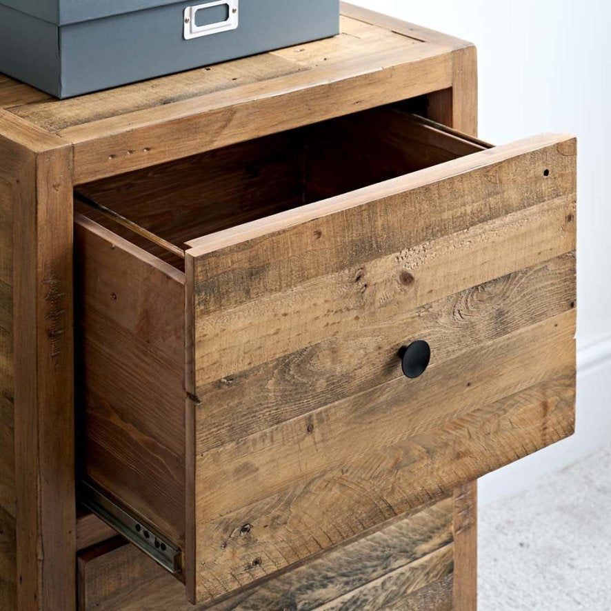 Baker Nixon 2 Drawer Filing Cabinet is made using reclaimed timbers for a rustic feel, it features 2 drawers with folder rails and black metal handles 