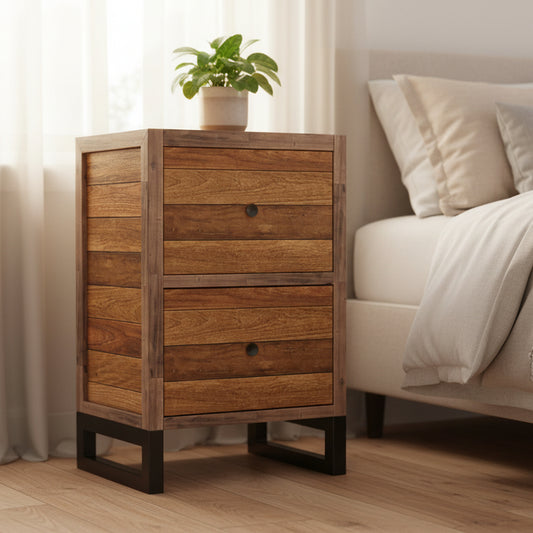 Baker Nixon Filing Cabinet features 2 deep drawers suitable for storage files, the reclaimed wood construction gives it a unique rustic feel, finished with black metal legs and drawers handles