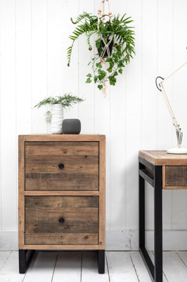 Baker Nixon 2 Drawer Filing Cabinet features 2 deep drawers with black metal handles and is made using pieces of reclaimed woods for a unique rustic feel