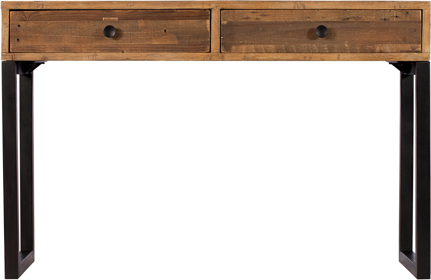 Baker Nixon Console Table features a reclaimed wooden top with 2 front drawers, and black metal legs