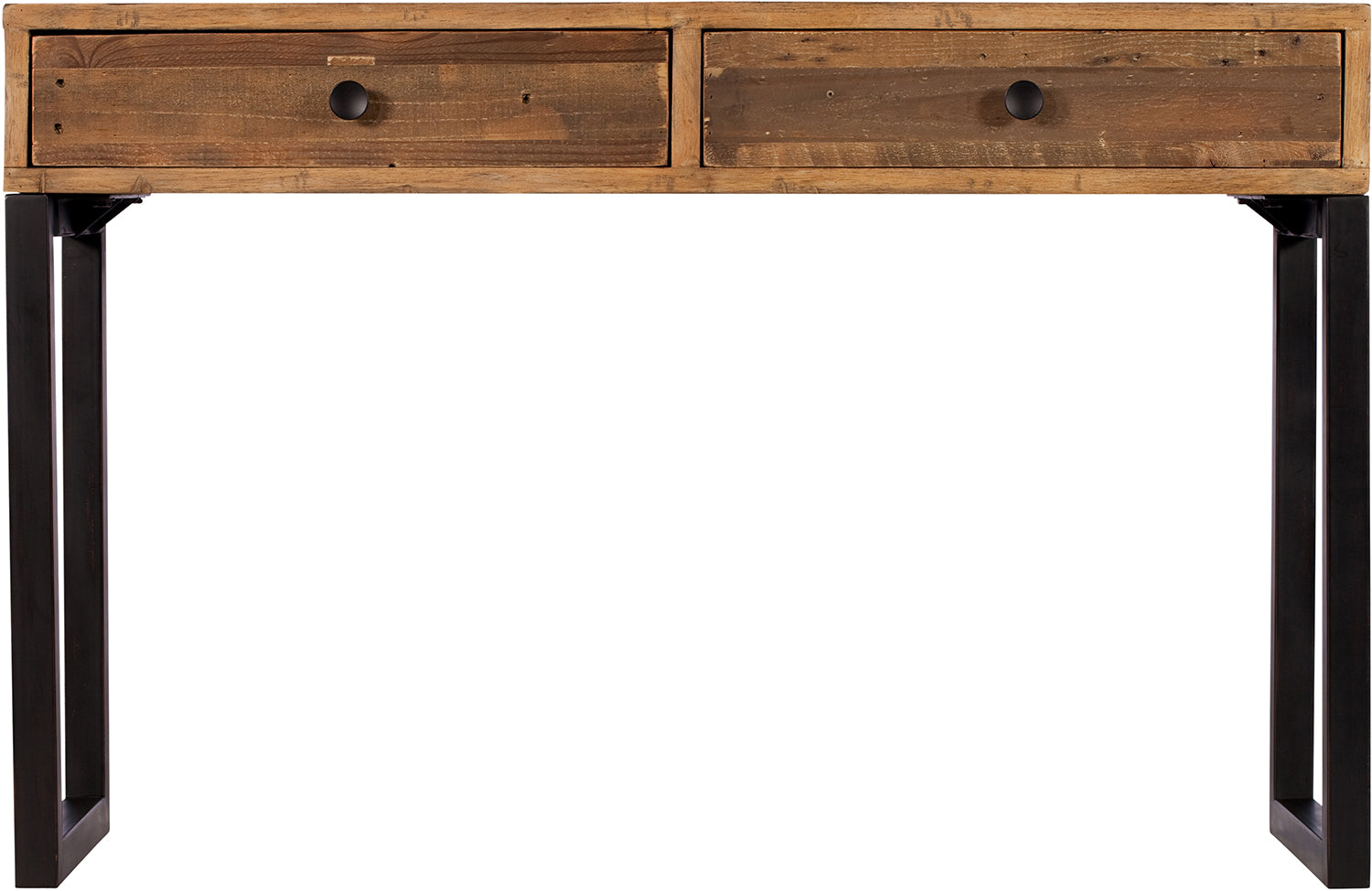 Baker Nixon Console Table features a reclaimed wooden top with 2 front drawers, and black metal legs