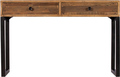 Baker Nixon Console Table features a reclaimed wooden top with 2 front drawers, and black metal legs