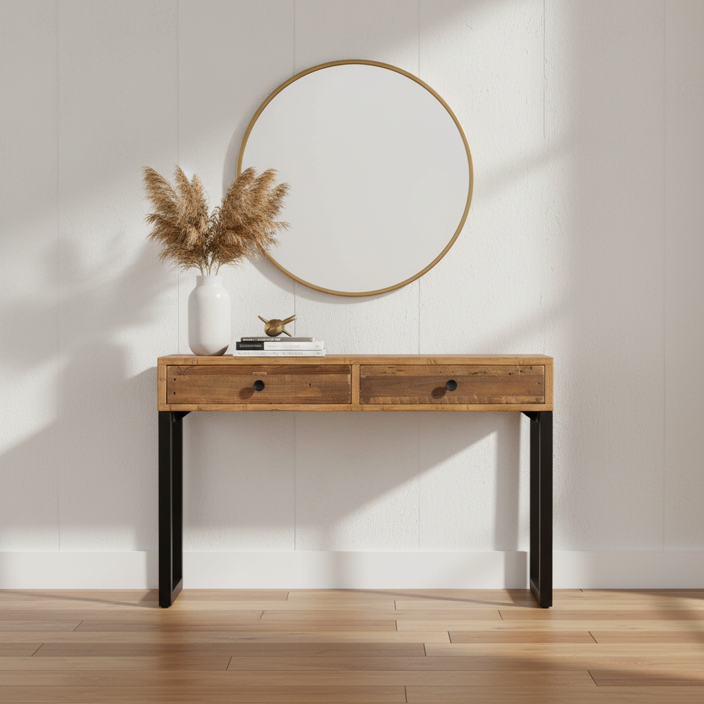 The Baker Nixon Console Table is a stunning piece constructed from reclaimed wood, it features 2 top drawers with black metal drawer knobs and black metal U legs to finish the look