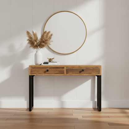The Baker Nixon Console Table is a stunning piece constructed from reclaimed wood, it features 2 top drawers with black metal drawer knobs and black metal U legs to finish the look