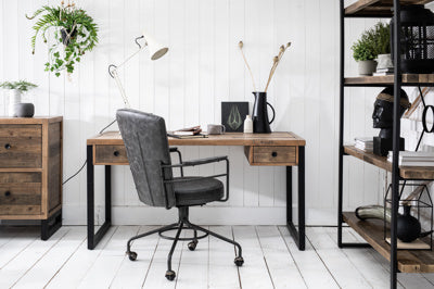 Baker Nixon Desk features 2 side drawers and a reclaimed wood desk top, with black metal legs