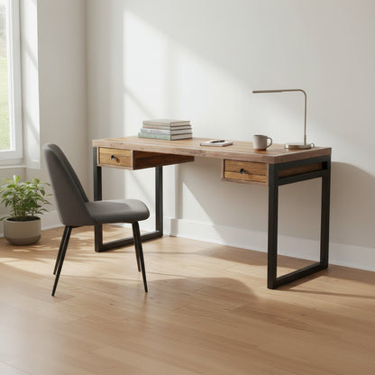 Baker Nixon Desk features natural reclaimed timber and powder coated anthracite aluminium legs with 2 small drawers and a ample area for an office chair underneath.