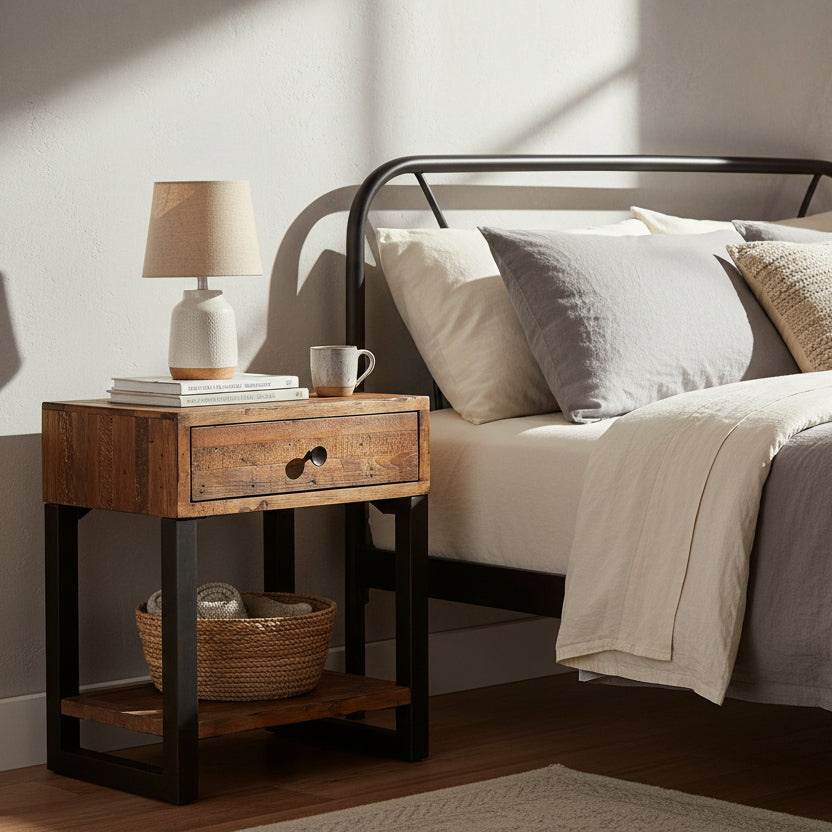 Baker Nixon Side Lamp Table features 1 drawer and a lower shelf made from reclaimed timbers, with a powder coated metal frame and drawer knob. Can be used as a bedside or lamp table