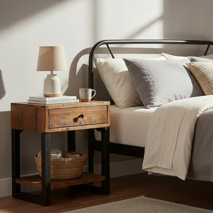 Baker Nixon Side Lamp Table features 1 drawer and a lower shelf made from reclaimed timbers, with a powder coated metal frame and drawer knob. Can be used as a bedside or lamp table