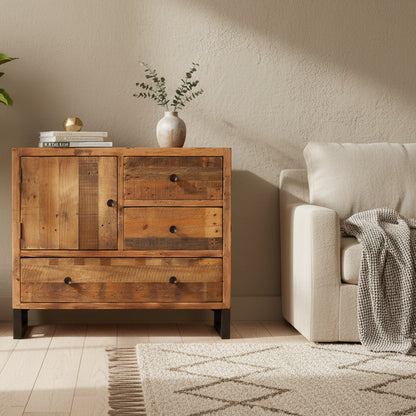 Baker Nixon Narrow Sideboard constructed from pieces of reclaimed wood for a rustic feel, it features 1 cupboard and 3 drawers with black metal handles and feet