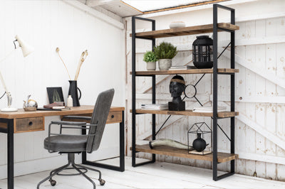 Baker Nixon Tall Bookcase features natural reclaimed timber shelves and powder coated anthracite aluminium frame with X-O back detail