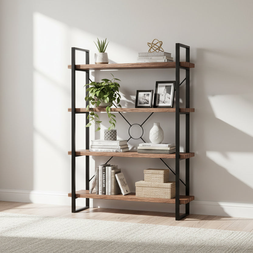 Baker Nixon Tall Bookcase features 4 large natural reclaimed timber open shelves, and a powder coated anthracite aluminium frame with X-O detail on the back.