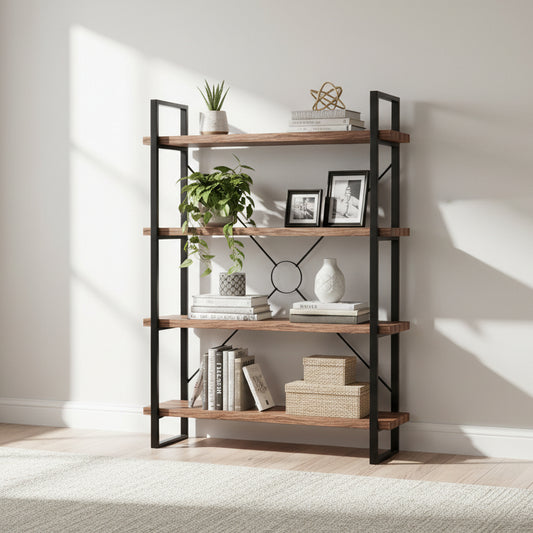 Baker Nixon Tall Bookcase features 4 large natural reclaimed timber open shelves, and a powder coated anthracite aluminium frame with X-O detail on the back.