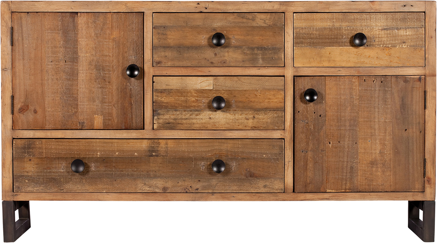 Baker Nixon Wide Sideboard constructed from reclaimed timber features 2 small cupboards and 4 drawers with black metal handles
