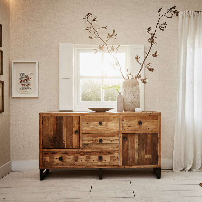 Baker Nixon Wide Sideboard features 4 drawers and 2 cupboards crafted from reclaimed timber with black metal handles and feet
