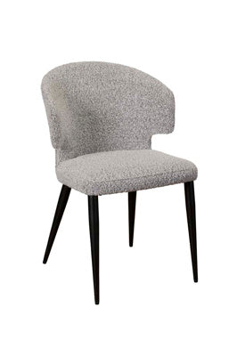 Baker Belle Dining Chairs in a textured light Grey Boucle fabric with a curved backrest and black legs