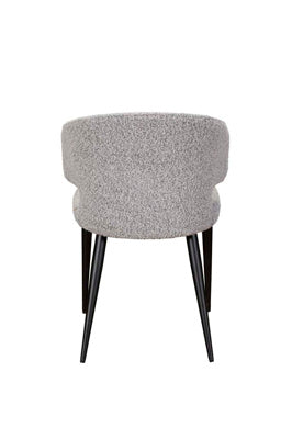 Baker Pair of Belle Dining Chairs in Grey Boucle fabric, with a curved backrest and black powder coated legs