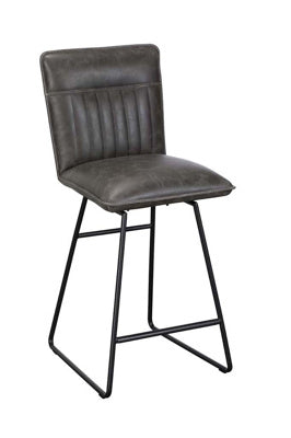 Baker Pair of Cooper Bar Chairs in a distressed Grey faux leather upholstery with stitched design on the backrest, and black metal legs with front footrest bar for comfort