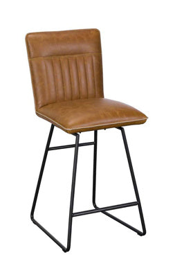 Baker Pair of Cooper Bar Chairs upholstered in Tan faux leather, with black metal legs 