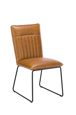 Baker Pair of Cooper Dining Chairs in Tan PU leather with a car seat inspired stitched design, padded seat and black metal legs