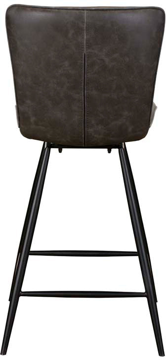 Baker Pair of Ella Bar Chairs in a distressed Dark Grey faux leather, with swivel seat and black metal legs