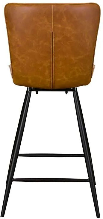 Baker Pair of Ella Bar Chairs in a Tan faux leather upholstery with black metal tubular legs