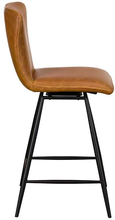 Baker Pair of Ella Bar Chairs upholstered in Tan faux leather with swivel seats, and black metal legs
