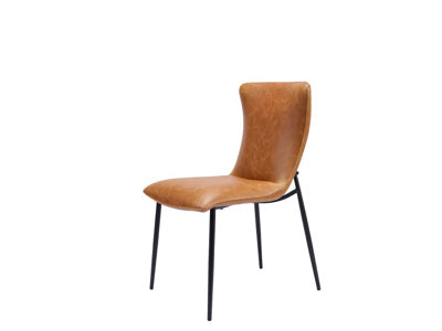 Baker Ella Dining Chair upholstered in Tan faux leather, with black powder coated aluminium legs