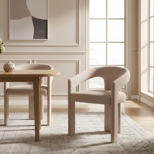 Baker Pair of Georgia Armchairs, fully upholstered in a beige boucle effect material, with a contemporary tripod leg design