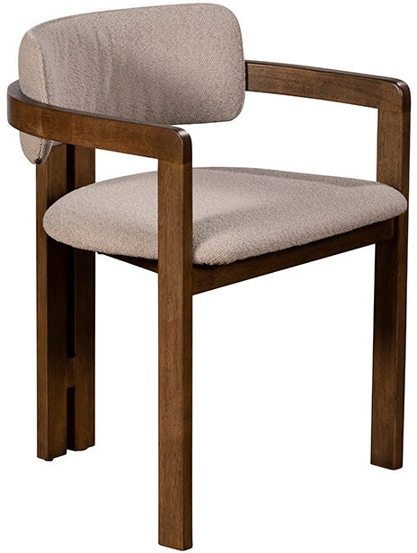 Baker Pair of Grace Dark Wood Dining Chairs with a natural beige, boucle style upholstery