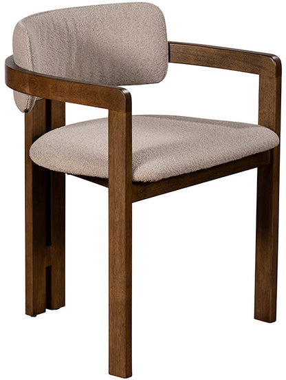 Baker Pair of Grace Dark Wood Dining Chairs with a natural beige, boucle style upholstery