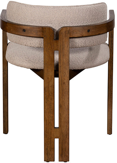 Baker Pair of Grace Dining Chairs with a dark wood 3 legged frame, and a natural beige coloured boucle seat and backrest