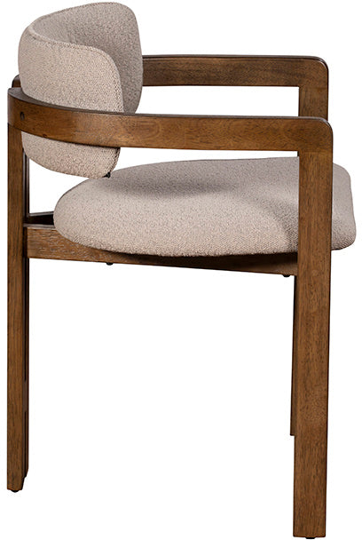 Baker Pair of Grace Dining Chairs features a dark wood frame and legs, complemented by an upholstered seat and backrest in a boucle natural beige colour