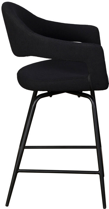Baker Pair of Jasmine Swivel Bar Chairs in Black Boucle fabric with black metal legs