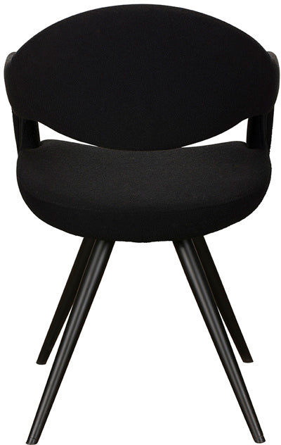 Baker Jasmine Dining Chair with a contemporary cut out backrest design, upholstered in a Black Boucle effect fabric and with black metal legs