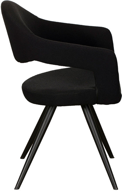 Baker Jasmine Dining Chairs upholstered in a Black Boucle fabric with cut out back and black powder coated aluminium legs