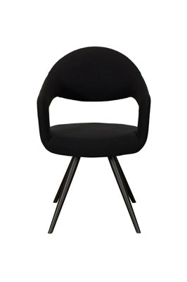 Baker Jasmine Dining Chair in a Black Boucle effect fabric with a cut out back design and black metal legs