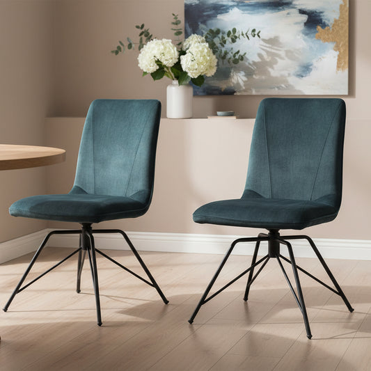 Baker Pair of Lola Dining Chairs with 180 degree swivel seat, fully upholstered in a padded Teal coloured, velvet effect material, with black metal legs