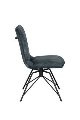 Baker Pair of Lola Dining Chairs fully upholstered in a Teal coloured poly velvet fabric, with swivel seat and black metal legs 