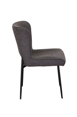 Baker Pair of Maya Dining Chairs upholstered in Dark Grey linen with faux leather piping detail and black metal legs