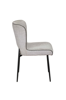 Baker Pair of Maya Dining Chairs in Light Grey upholstery with a faux leather trim detail and black metal legs