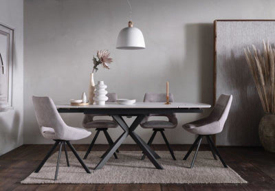 Baker Pair of Paige Dining Chairs in Light Grey poly velvet upholstery, features a cut out back design and back powder coated aluminium legs