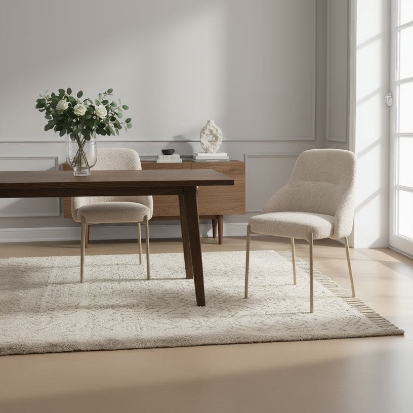 The Baker Pair of Quinn Dining Chairs are upholstered in a neutral coloured boucle style, textured fabric with pale gold colour coated metal legs