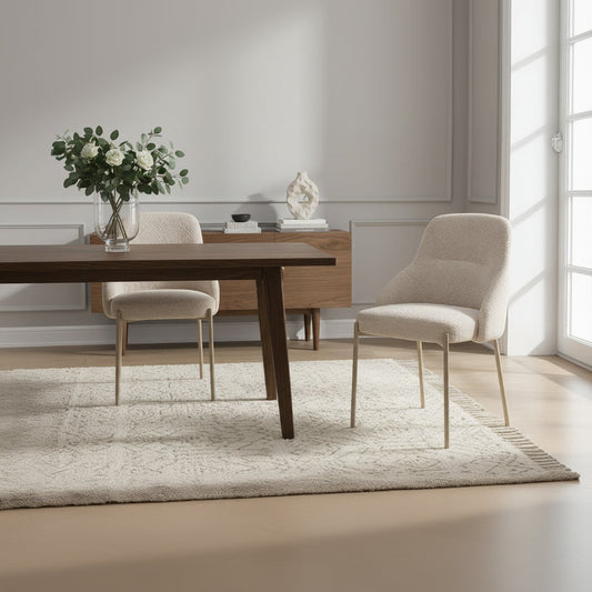 The Baker Pair of Quinn Dining Chairs are upholstered in a neutral coloured boucle style, textured fabric with pale gold colour coated metal legs