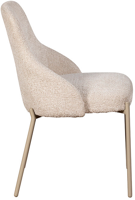 Baker Pair of Quinn Dining Chairs upholstered in a neutral boucle type fabric with pale gold coated metal legs