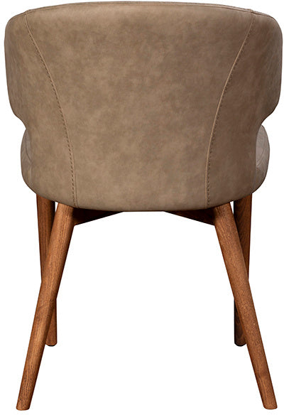 Baker Pair of Rowan Dining Chairs feature a curved backrest, upholstered in a light brown faux leather material, completed with walnut brown wood effect legs